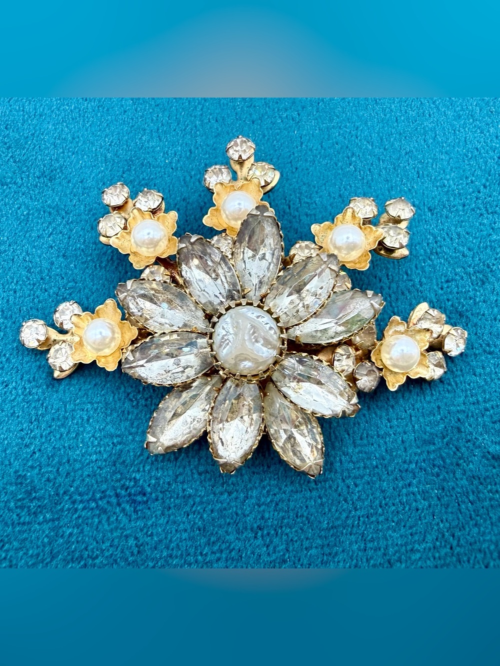 Vintage Mid Century Rhinestone & Faux Pearl Floral Spray Brooch